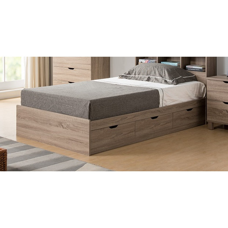 Taupe Twin Wood Frame Storage Bed with 3 Drawers