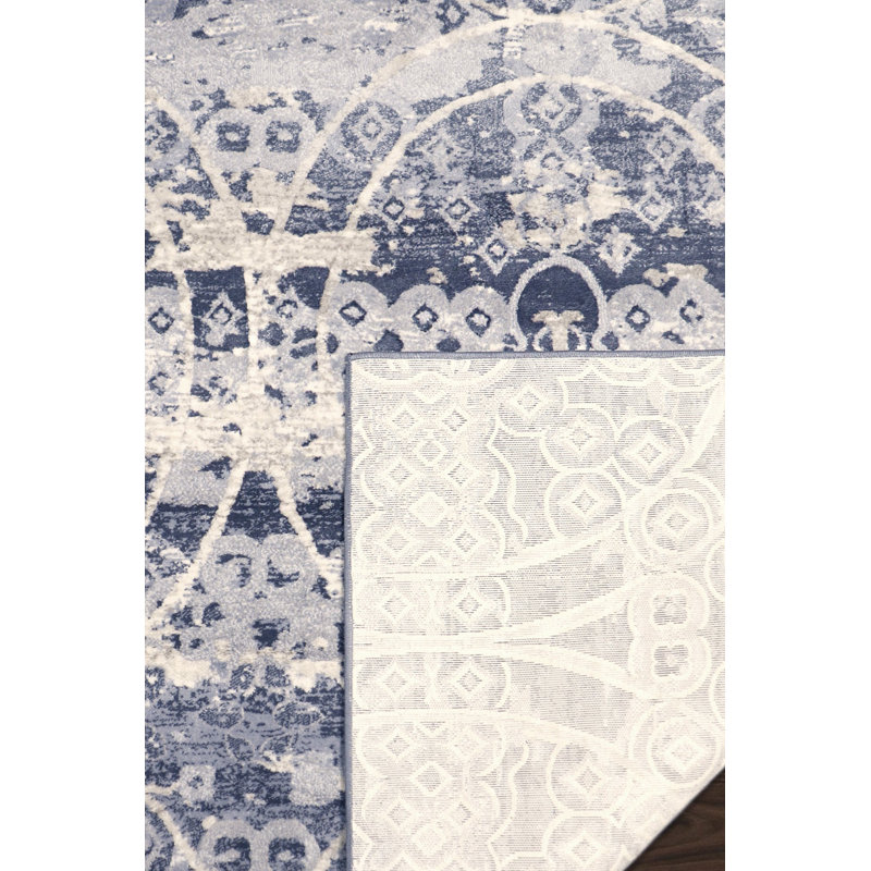 Round Blue Stain-Resistant Synthetic Area Rug, 6 ft