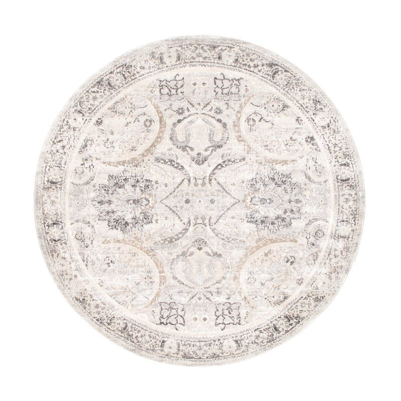 Ivory and Silver Round Stain-Resistant Synthetic Rug