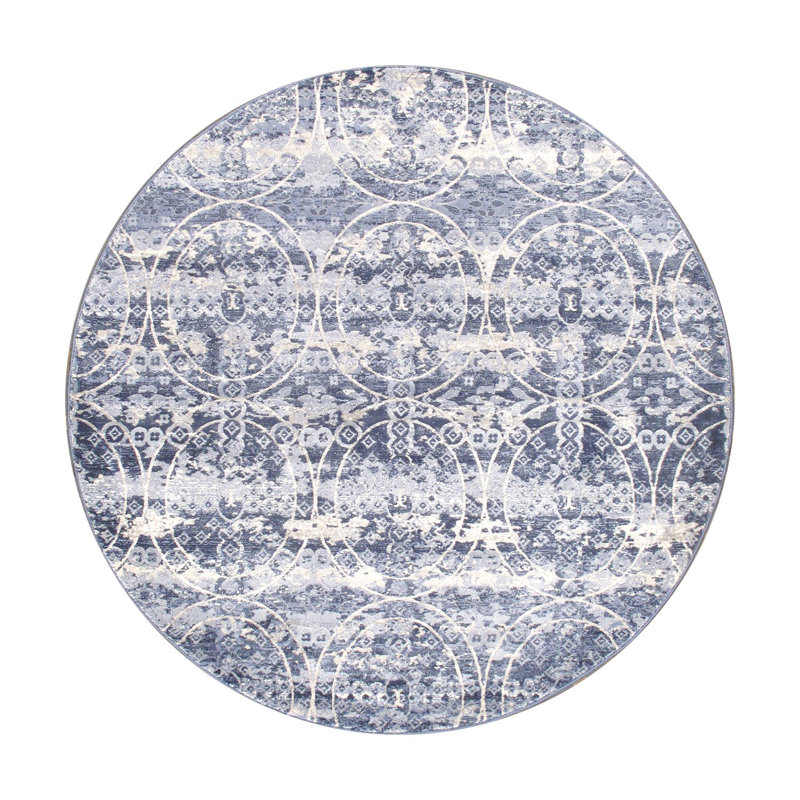 Round Blue Stain-Resistant Synthetic Area Rug, 6 ft