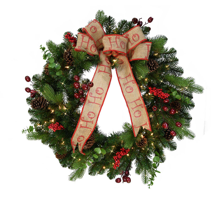 30'' Pre-Lit Faux Pine Wreath with Burlap Bow