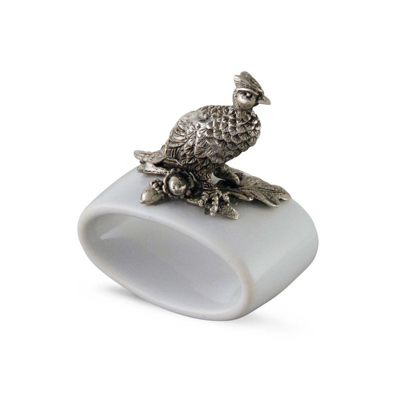 White Stoneware Napkin Ring with Pewter Pheasant