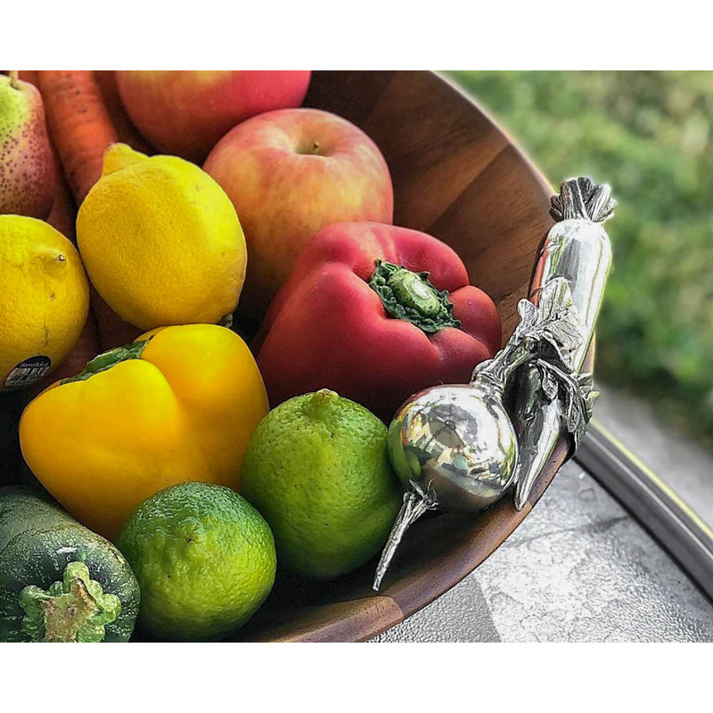 Acacia Wood Round Salad Bowl with Pewter Accents
