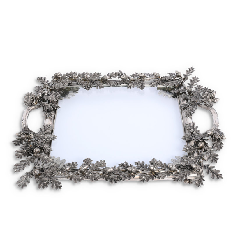 Ornate Pewter Oak Leaf and Acorn Glass Tray