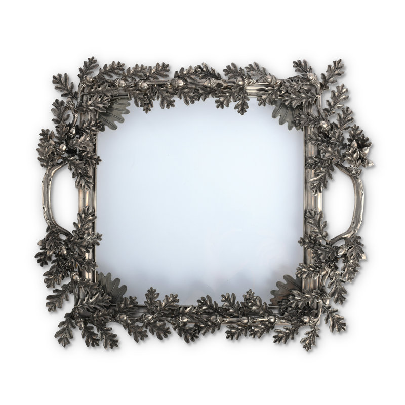 Ornate Pewter Oak Leaf and Acorn Glass Tray