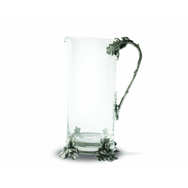 Tall Clear Glass Pitcher with Pewter Oak Leaf Handle