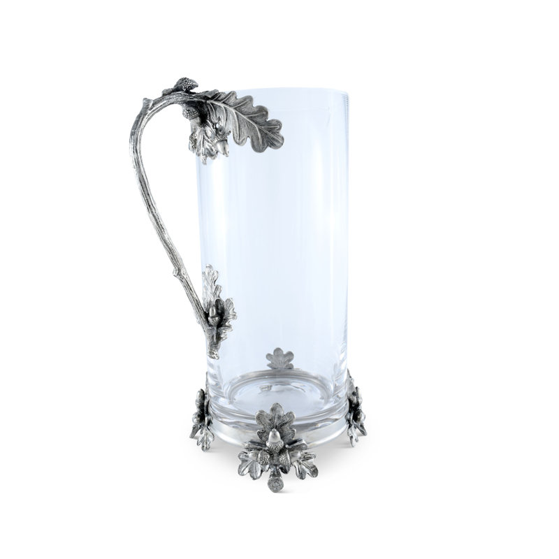 Tall Clear Glass Pitcher with Pewter Oak Leaf Handle