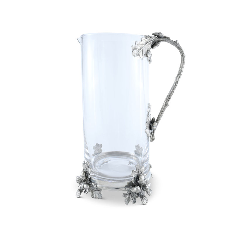 Tall Clear Glass Pitcher with Pewter Oak Leaf Handle