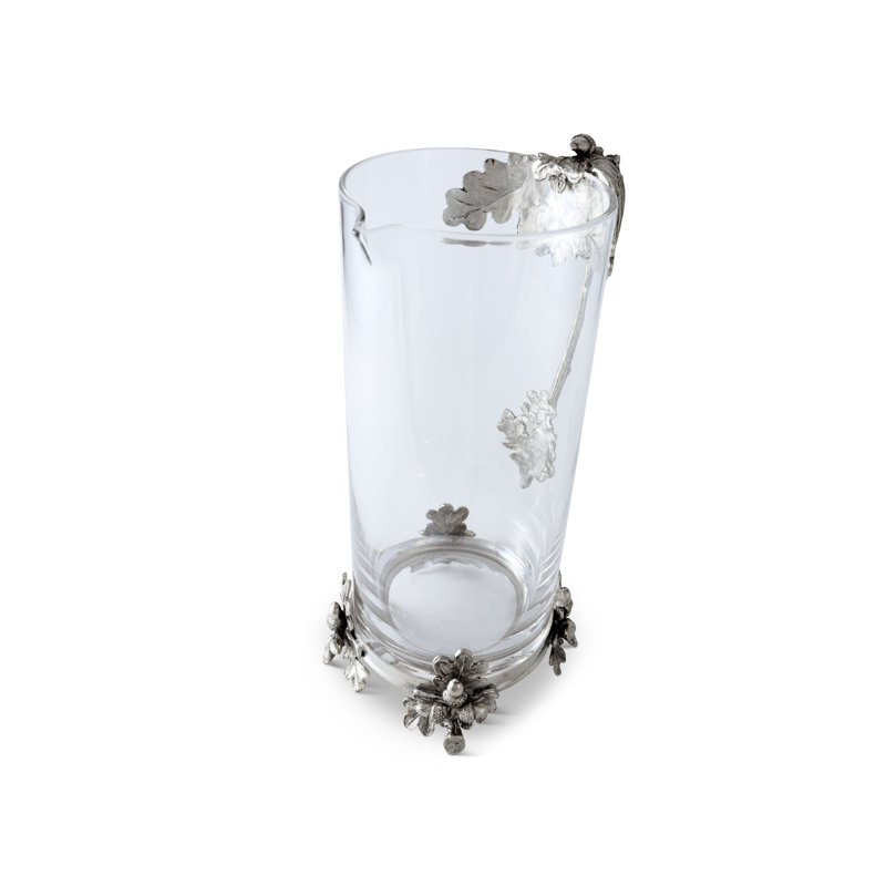 Tall Clear Glass Pitcher with Pewter Oak Leaf Handle