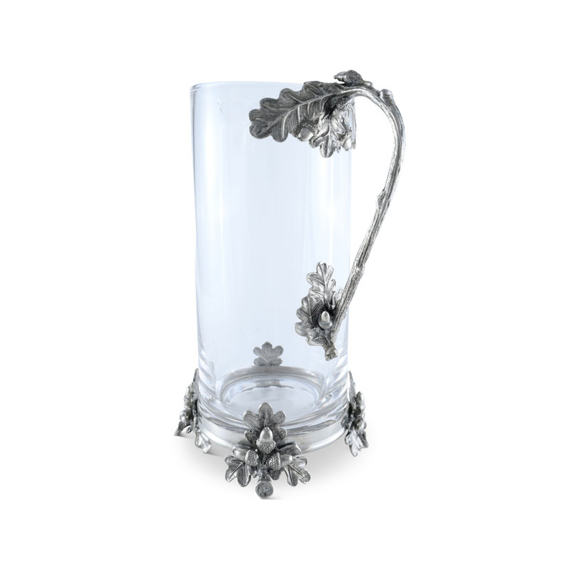 Tall Clear Glass Pitcher with Pewter Oak Leaf Handle