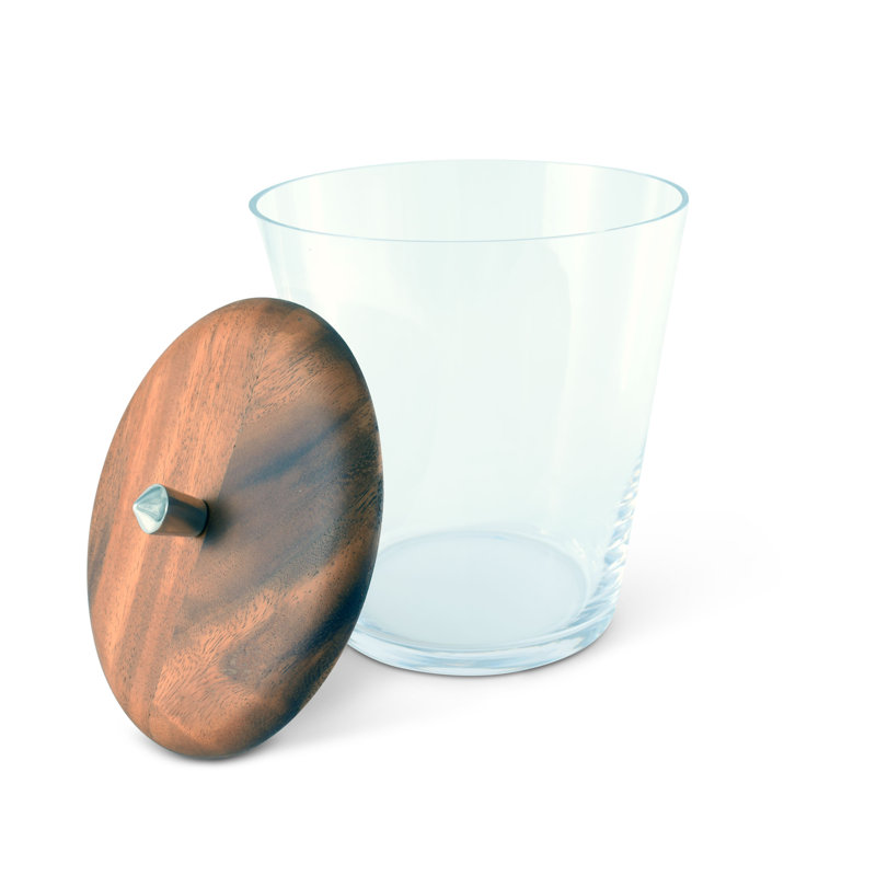 Clear Glass Ice Bucket with Teak Lid and Pewter Knob