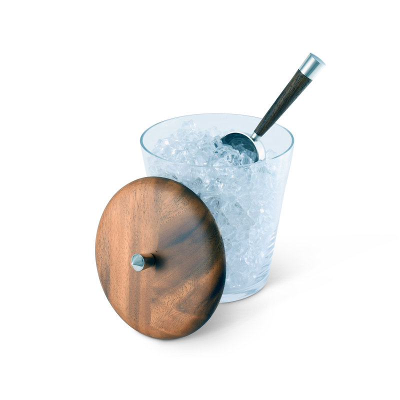 Clear Glass Ice Bucket with Teak Lid and Pewter Knob