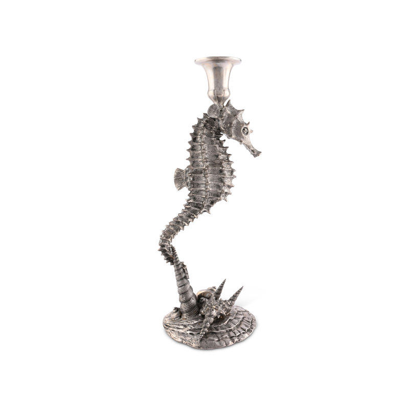 Poseidon's Steed 14'' Pewter Seahorse Taper Candlestick
