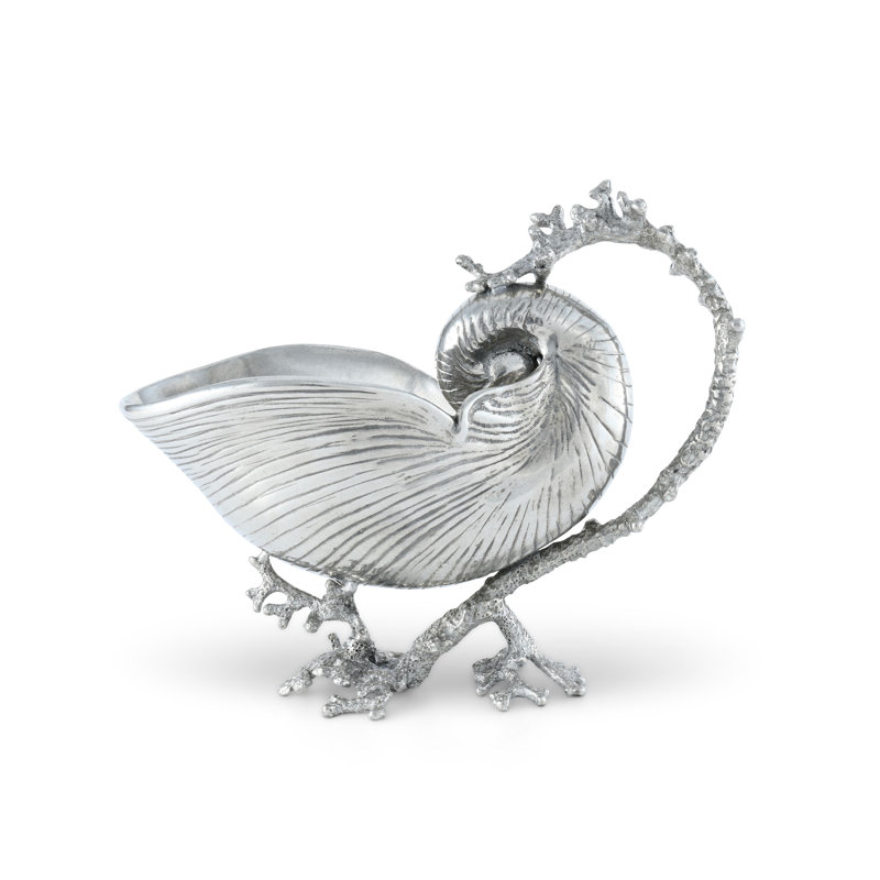 Elegant Pewter Nautilus Shell Gravy Boat with Coral Handle