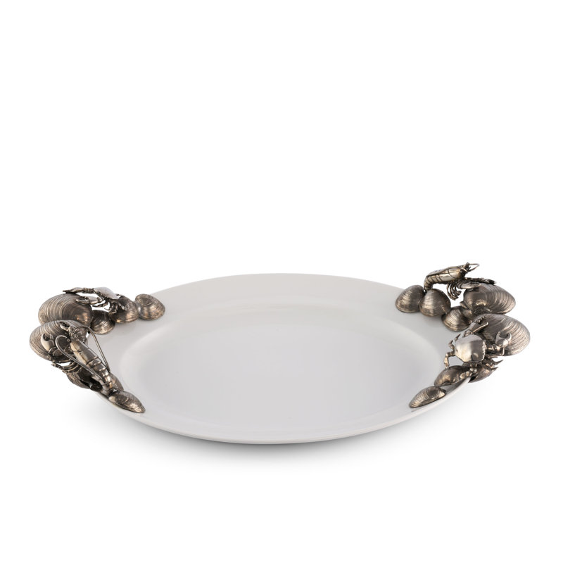 Handmade White Stoneware Tray with Pewter Shellfish Handles