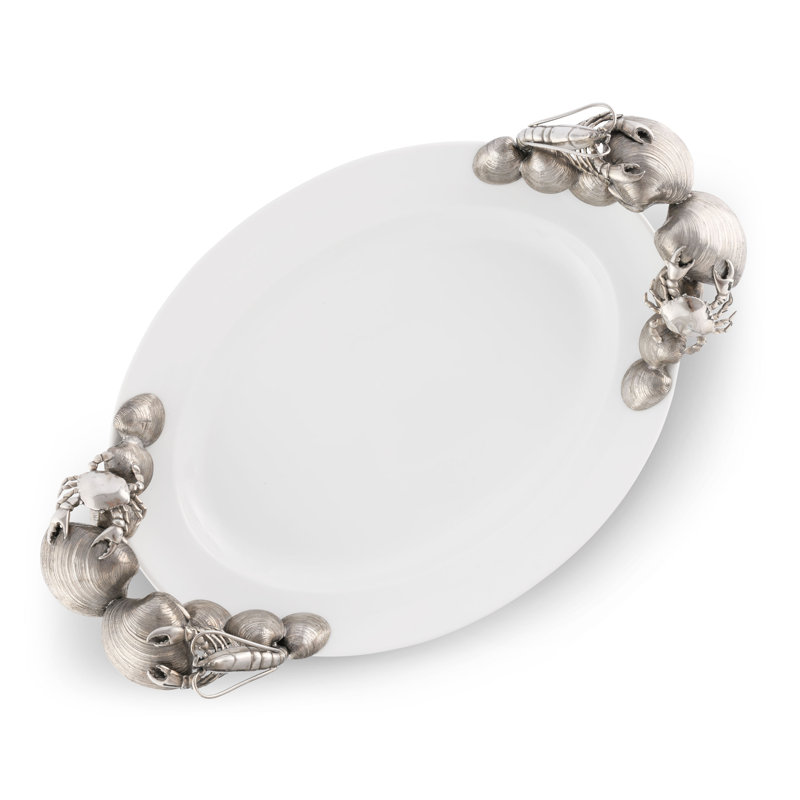 Handmade White Stoneware Tray with Pewter Shellfish Handles