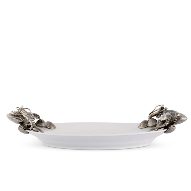 Handmade White Stoneware Tray with Pewter Shellfish Handles