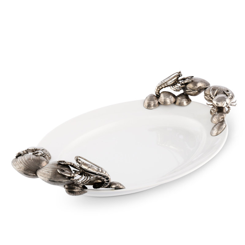 Handmade White Stoneware Tray with Pewter Shellfish Handles