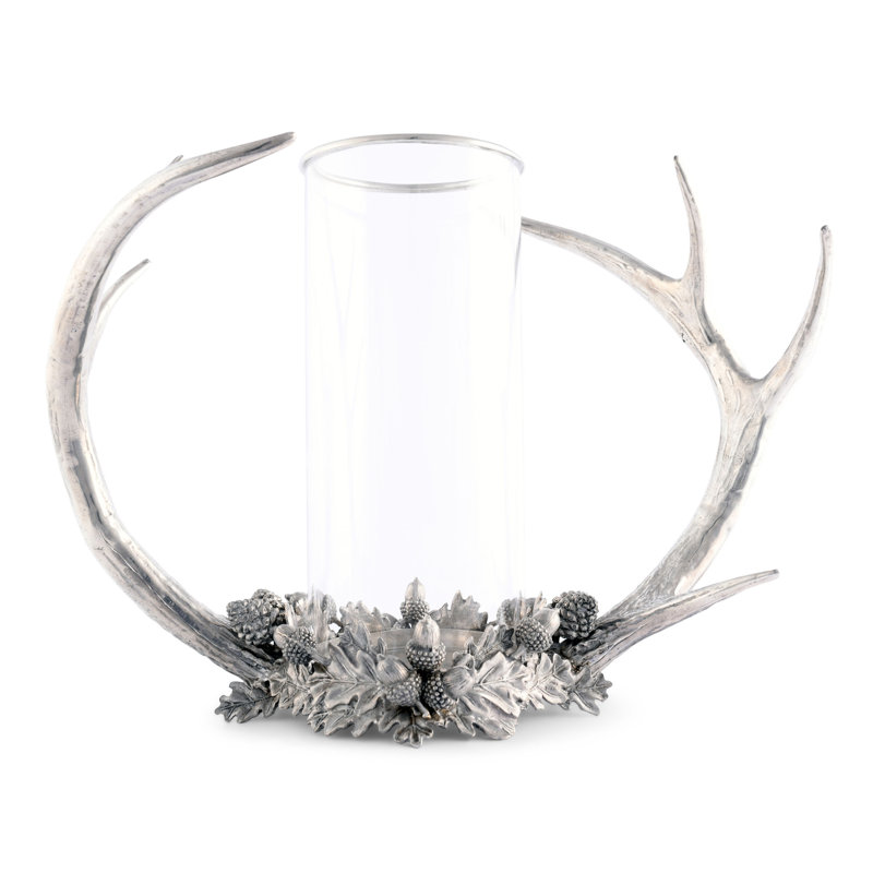Rustic Antler Pewter and Glass Hurricane Candle Holder