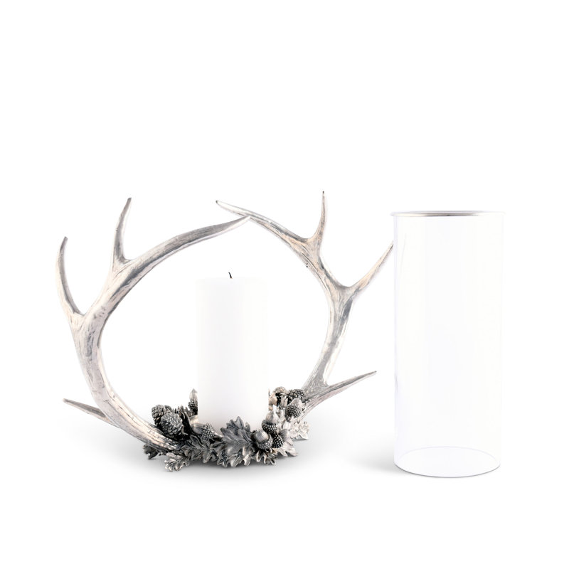 Rustic Antler Pewter and Glass Hurricane Candle Holder