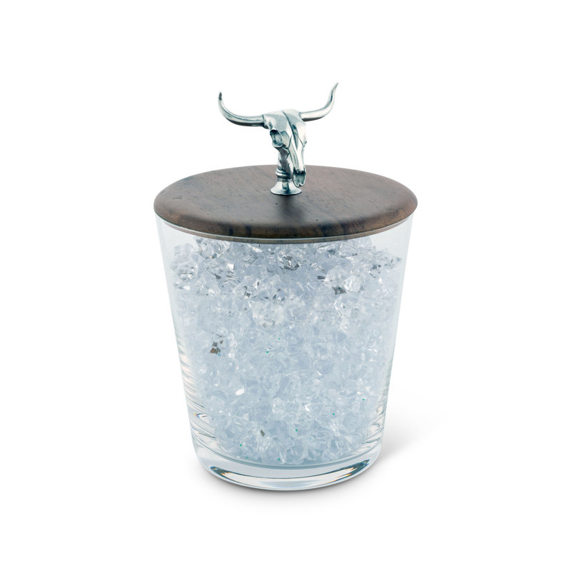 Hand Blown Glass Ice Bucket with Wooden Lid and Pewter Cow Skull Handle