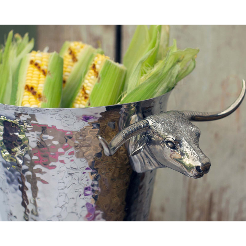 Hammered Stainless Steel Ice Bucket with Long Horn Steer Handles