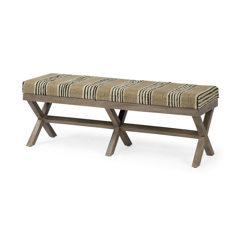 Solis Medium Brown Mango Wood Base with Beige & Black Striped Cushion Accent Bench