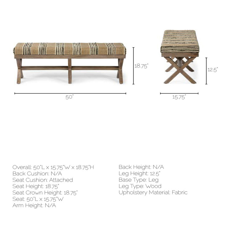 Solis Medium Brown Mango Wood Base with Beige & Black Striped Cushion Accent Bench