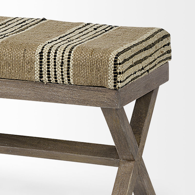 Solis Medium Brown Mango Wood Base with Beige & Black Striped Cushion Accent Bench