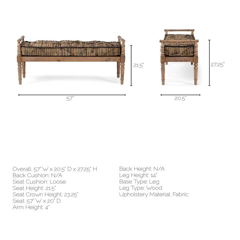 Fullerton Upholstered 57" Bench with Jute Patterned Top and Light Brown Wood Base