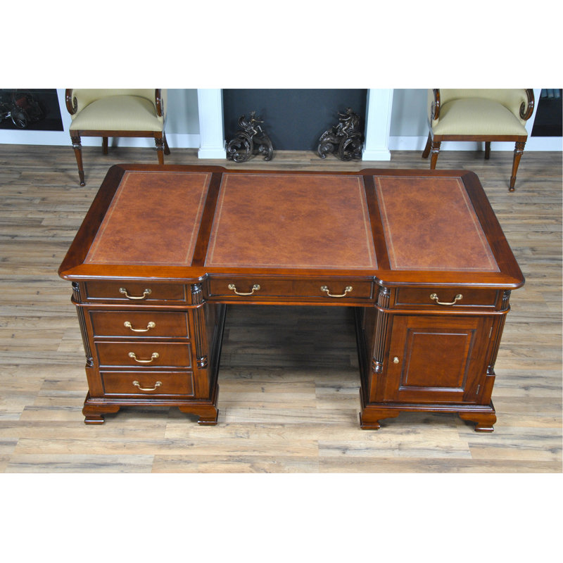 English Antique Inspired Mahogany Brown Leather Writing Desk