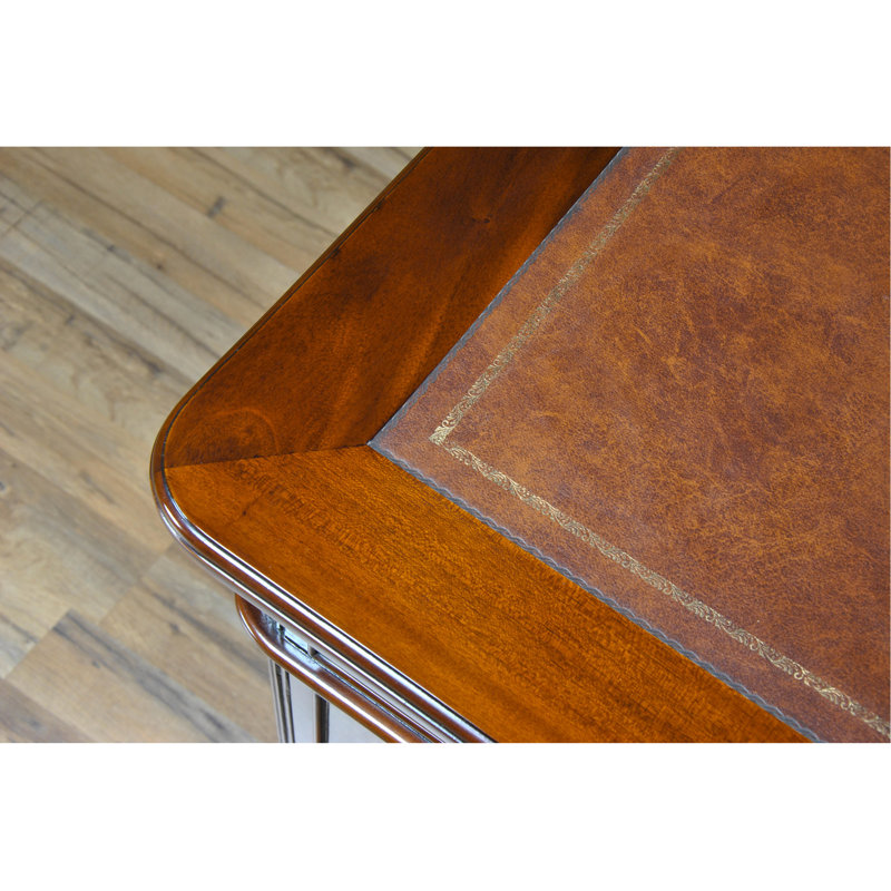 English Antique Inspired Mahogany Brown Leather Writing Desk
