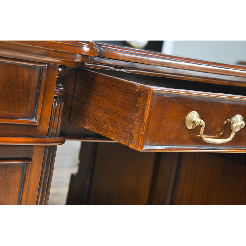 English Antique Inspired Mahogany Brown Leather Writing Desk
