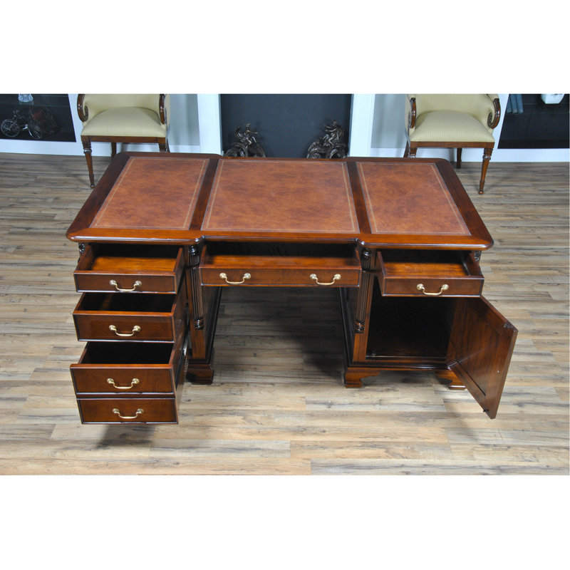 English Antique Inspired Mahogany Brown Leather Writing Desk