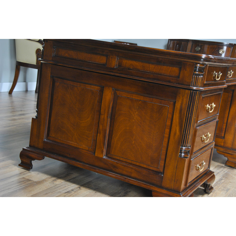 English Antique Inspired Mahogany Brown Leather Writing Desk