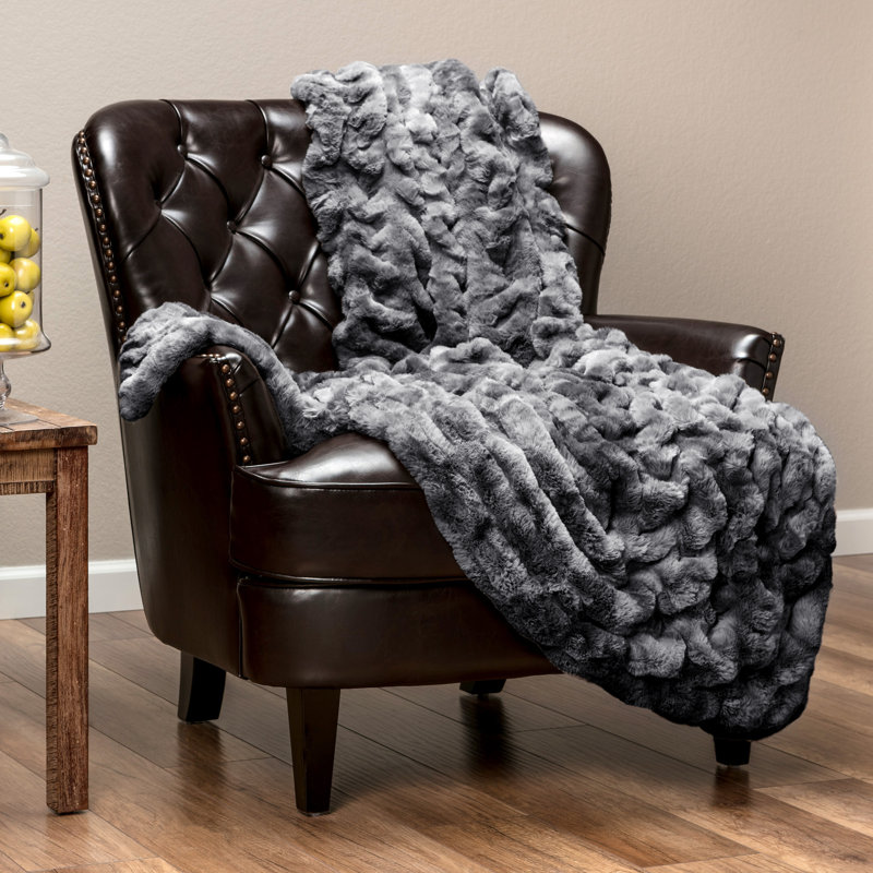 Dark Gray Reversible Faux Fur Full Throw Blanket