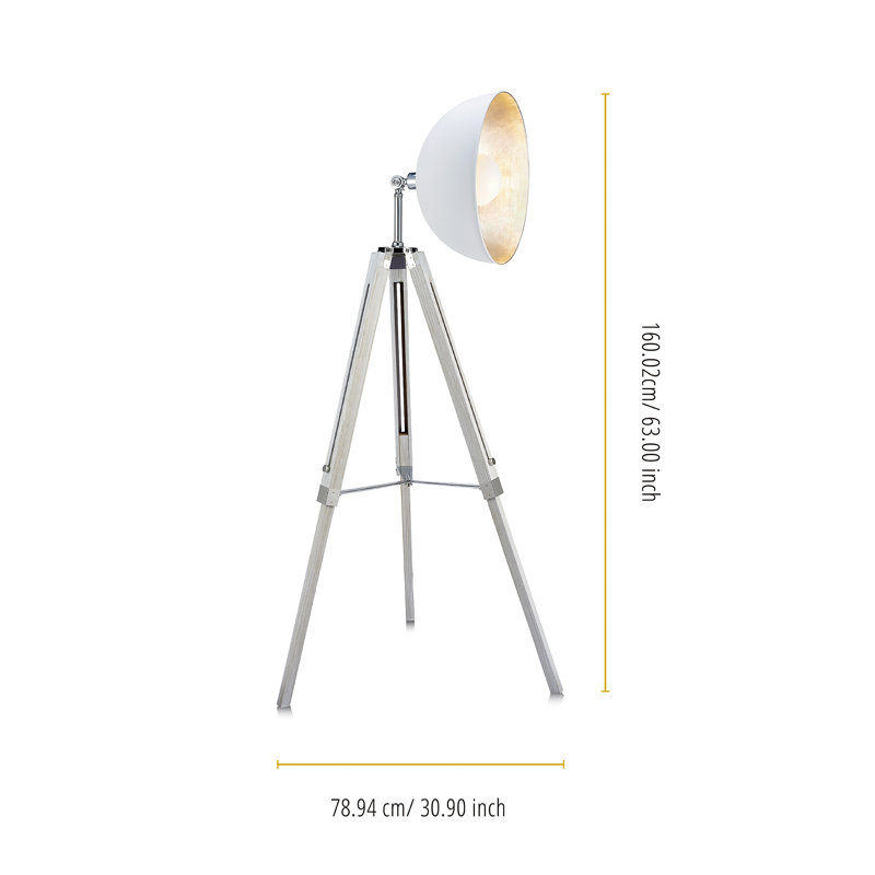 Black Adjustable Industrial Tripod Floor Lamp with Gold Interior
