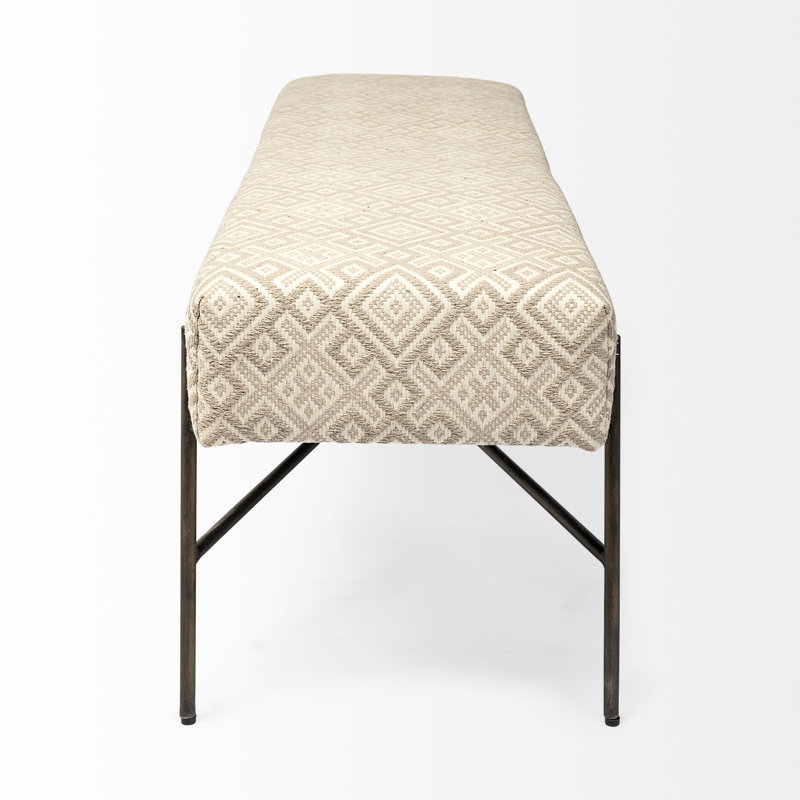 Avery II Cream Geometric Upholstered Accent Bench with Antiqued Nickel Base