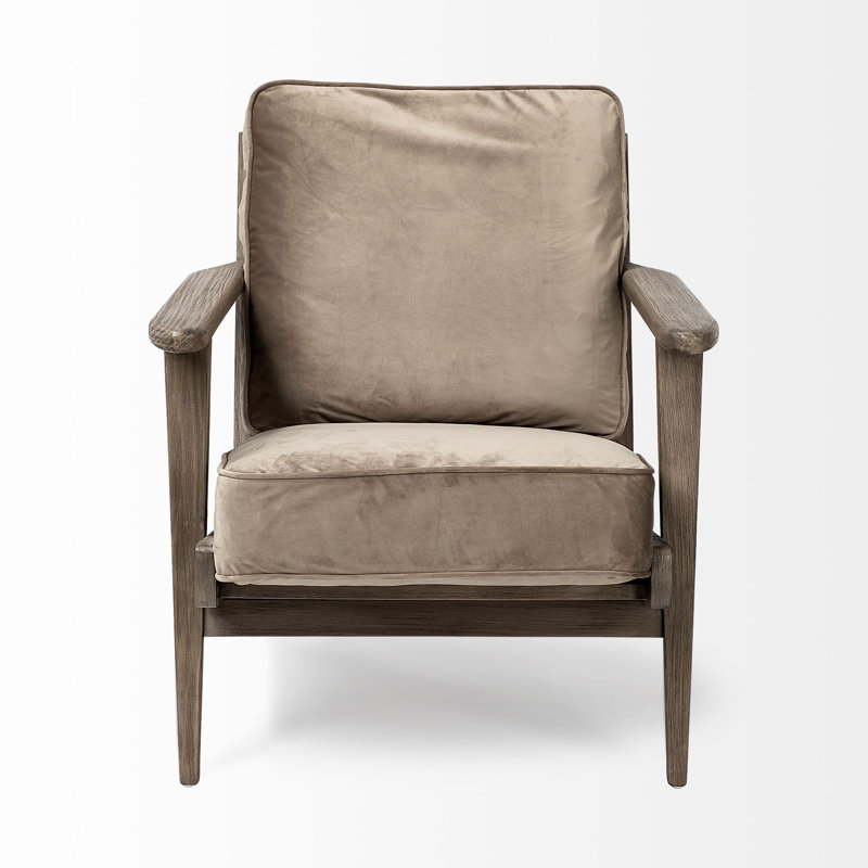 Light Olive Velvet Armchair with Brown Wood Frame