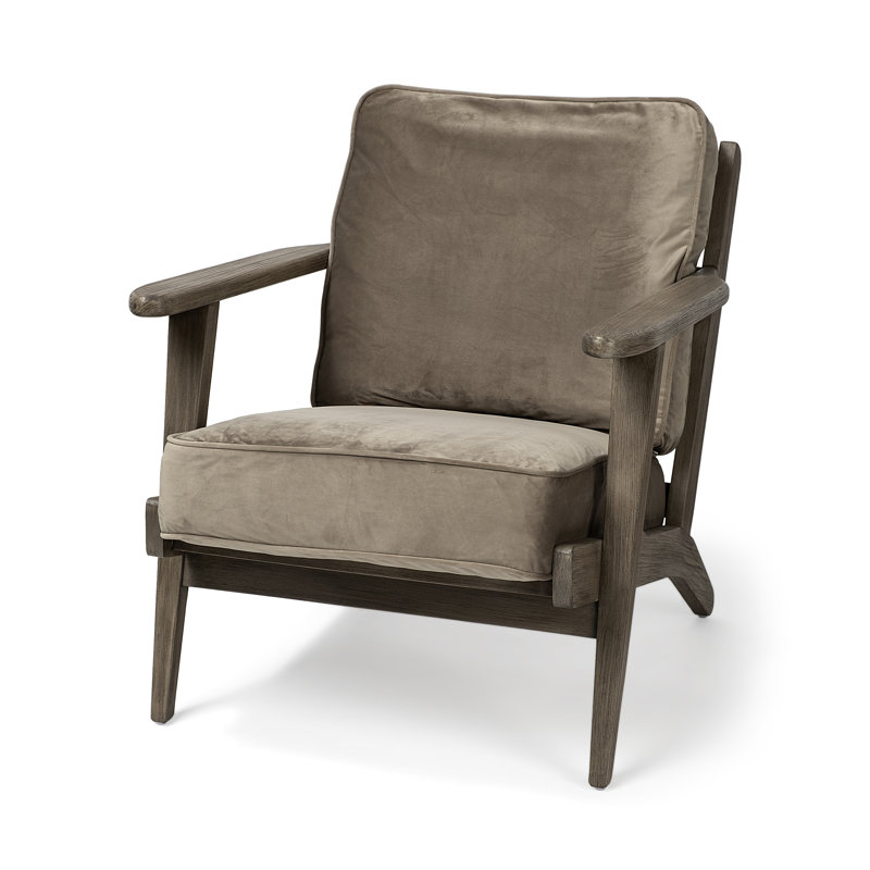 Light Olive Velvet Armchair with Brown Wood Frame