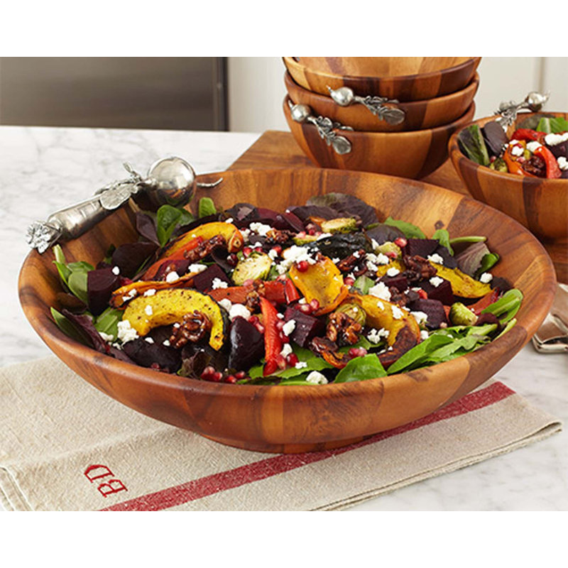 Acacia Wood Round Salad Bowl with Pewter Accents