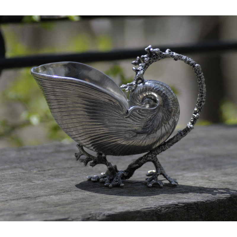 Elegant Pewter Nautilus Shell Gravy Boat with Coral Handle