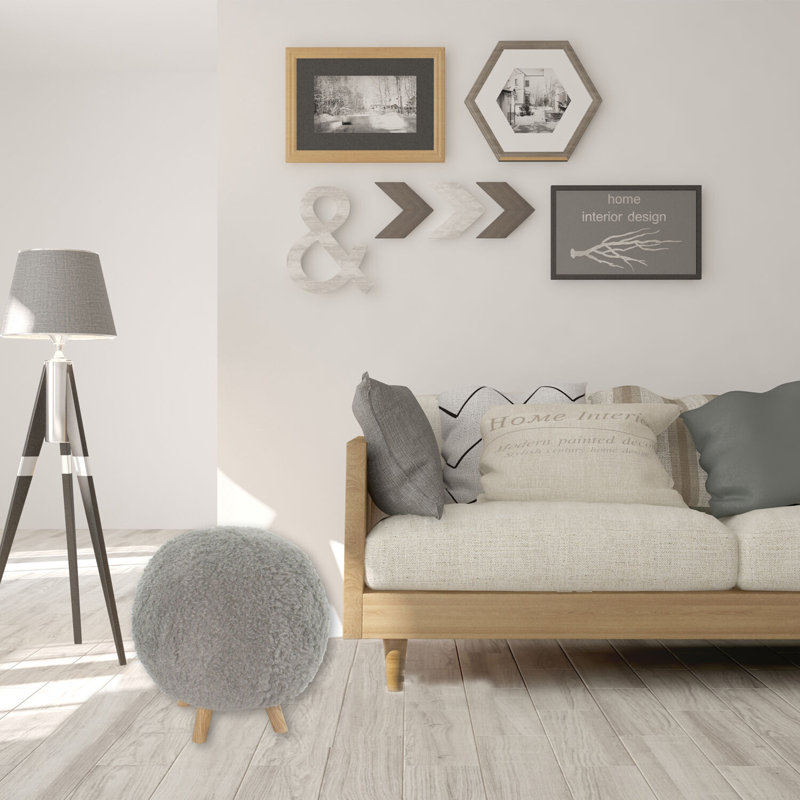 Plush Gray Round Pouf Ottoman with Sturdy Legs