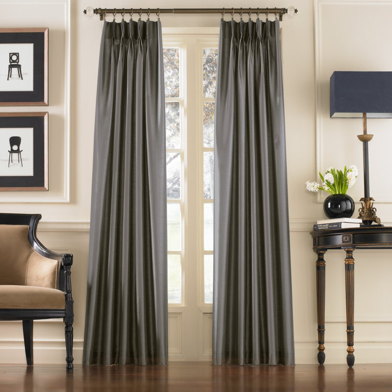 Gray Faux Silk Room Darkening Pleated Curtain Panel