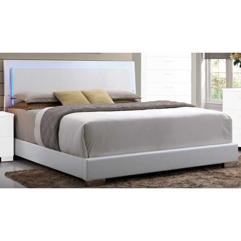 Lorimar High Gloss White Queen Bed with LED Headboard and Faux Leather