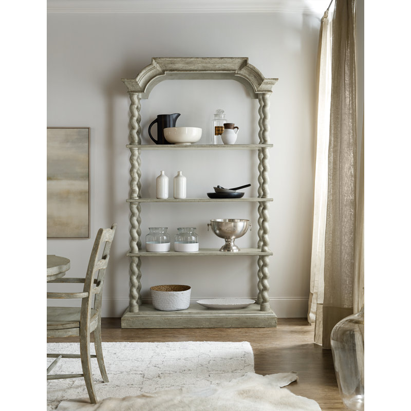 Gray Wood Transitional Etagere Bookcase with Rope Twist Posts