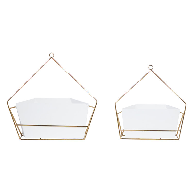 CosmoLiving Contemporary White and Gold Geometric Metal Wall Planters, Set of 2
