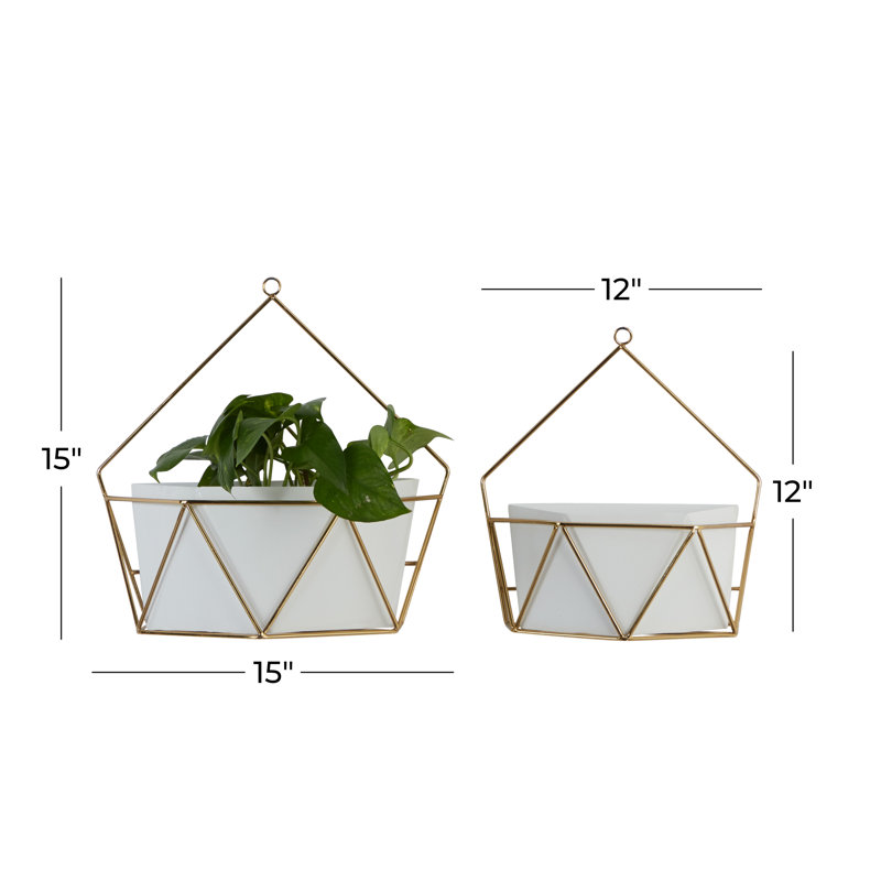 CosmoLiving Contemporary White and Gold Geometric Metal Wall Planters, Set of 2
