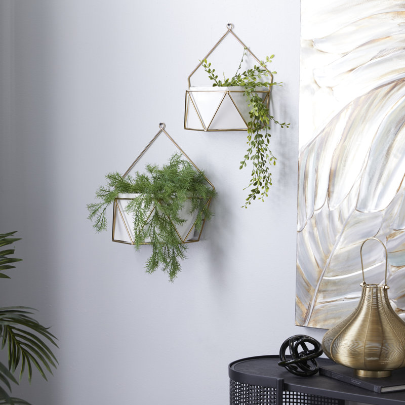 CosmoLiving Contemporary White and Gold Geometric Metal Wall Planters, Set of 2