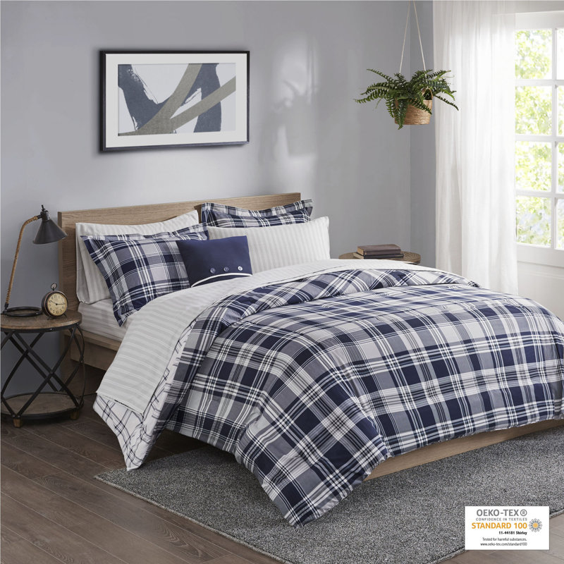 Navy Plaid Reversible Microfiber Queen Bed in a Bag Set